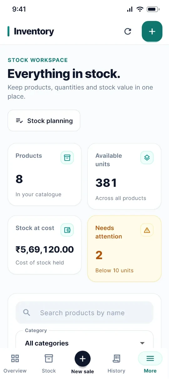 RYBO inventory list with stock counts and low stock tags