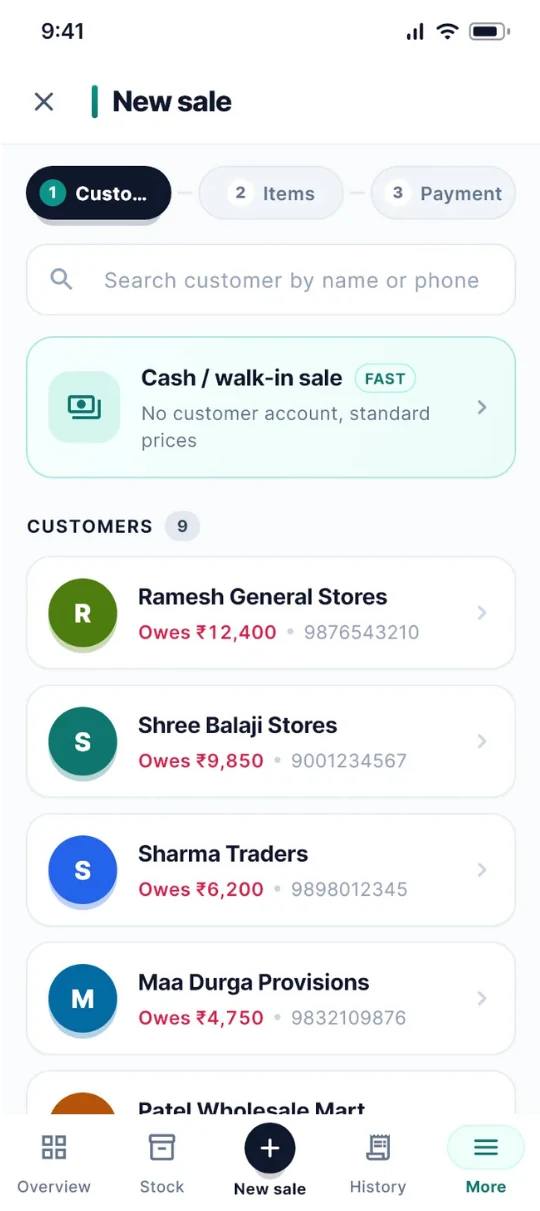 Current RYBO new sale flow with customer selection and customer, items and payment steps