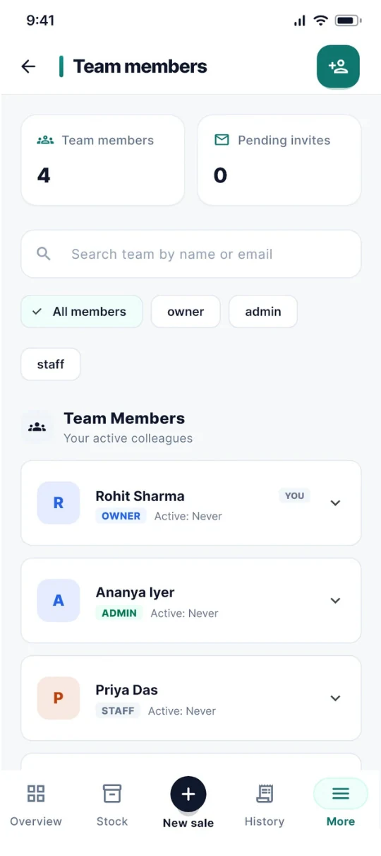 RYBO team management screen with member roles and activity